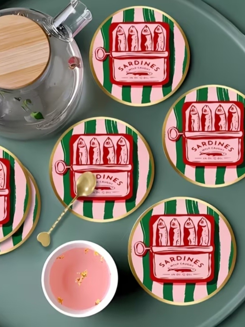 Sardines Print Round Coaster Set Of 6 - Pink & Green